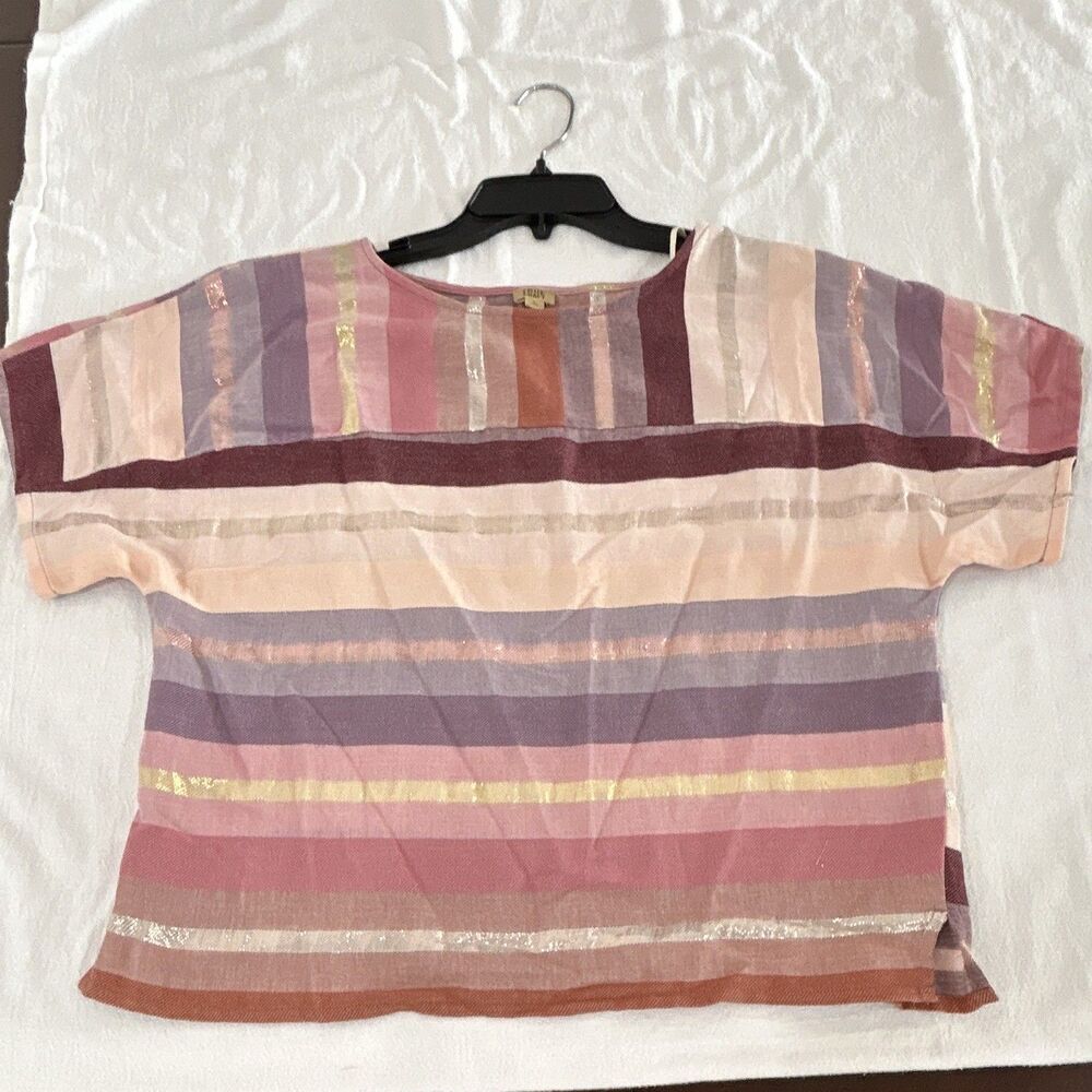 True Craft Women’s Multicolor Striped Metallic Woven Short Sleeve Blouse L 0105